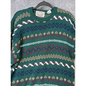 River Trader Green Geometric Pattern Cotton Sweater Mens Size L‎ Vintage Retro